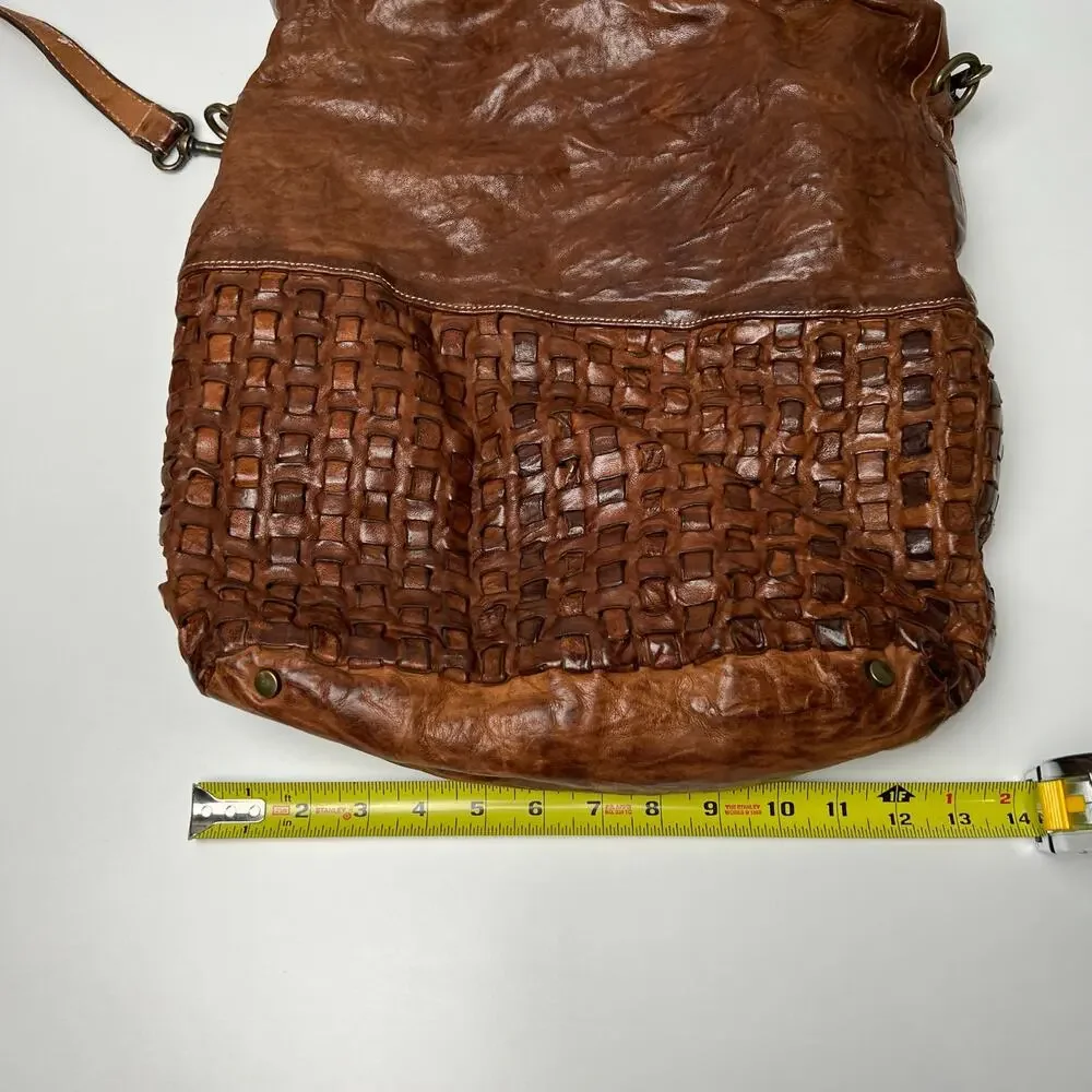 LANGELLOTTI Brown Woven Italian Leather Tote Hobo Handbag Large Distressed Boho